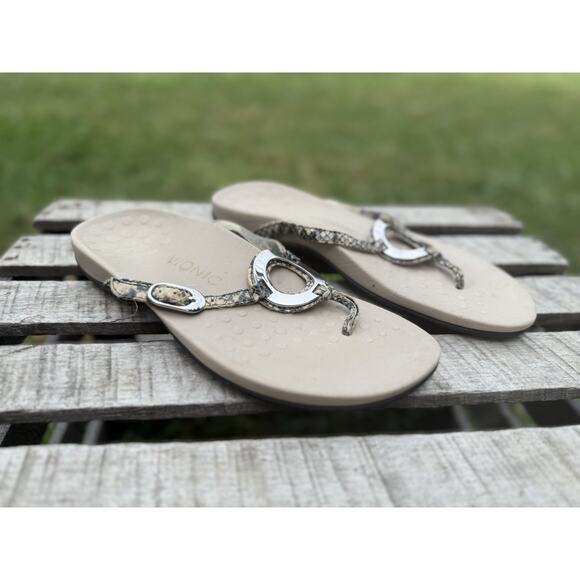 Vionic Karina Sandal SZ 9 Snakeskin Leather Thong Slide Comfy Arch Support Slide - Picture 1 of 16